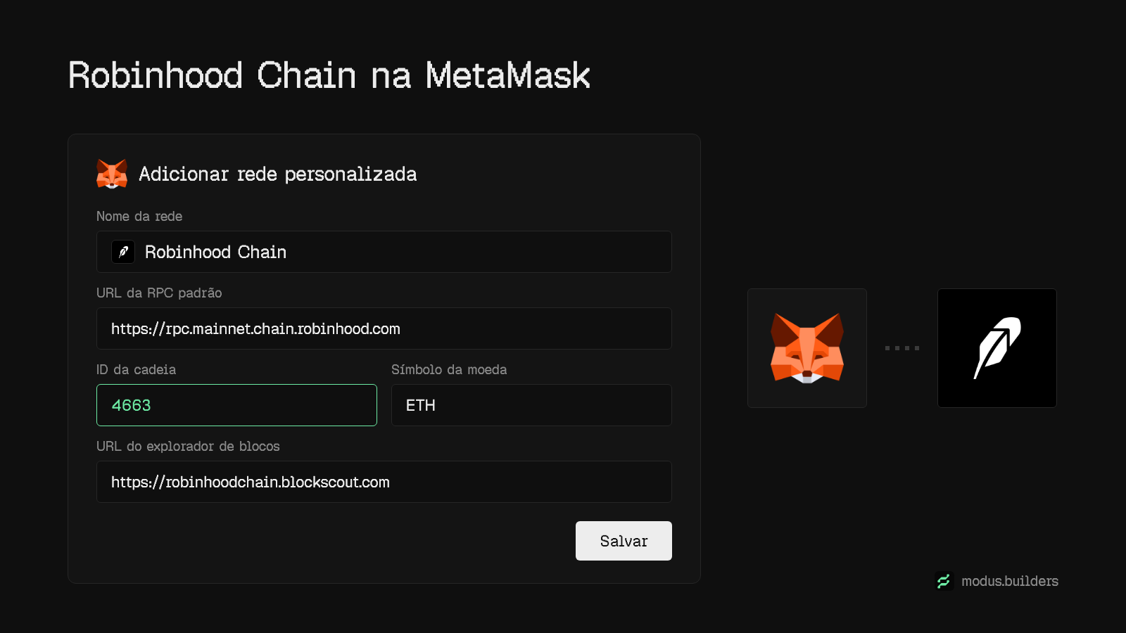 Configurações de rede da Robinhood Chain para a MetaMask: nome da rede Robinhood Chain, URL do RPC, chain ID 4663, moeda ETH e o explorer Blockscout.