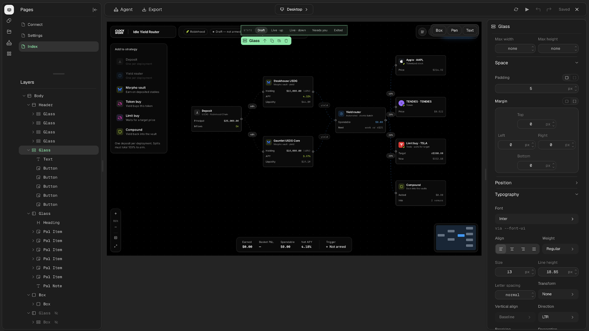 O editor de design: as camadas da página à esquerda, um elemento selecionado no canvas e os controles de espaçamento e tipografia à direita.