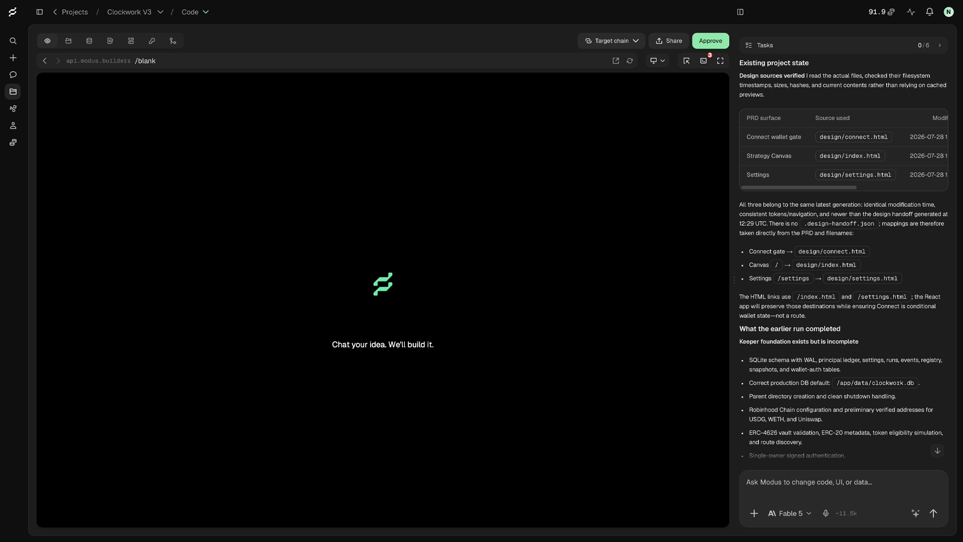 O capítulo Code: um preview ao vivo à esquerda e o agente de build à direita, ligando cada parte do PRD ao design de onde ela saiu.