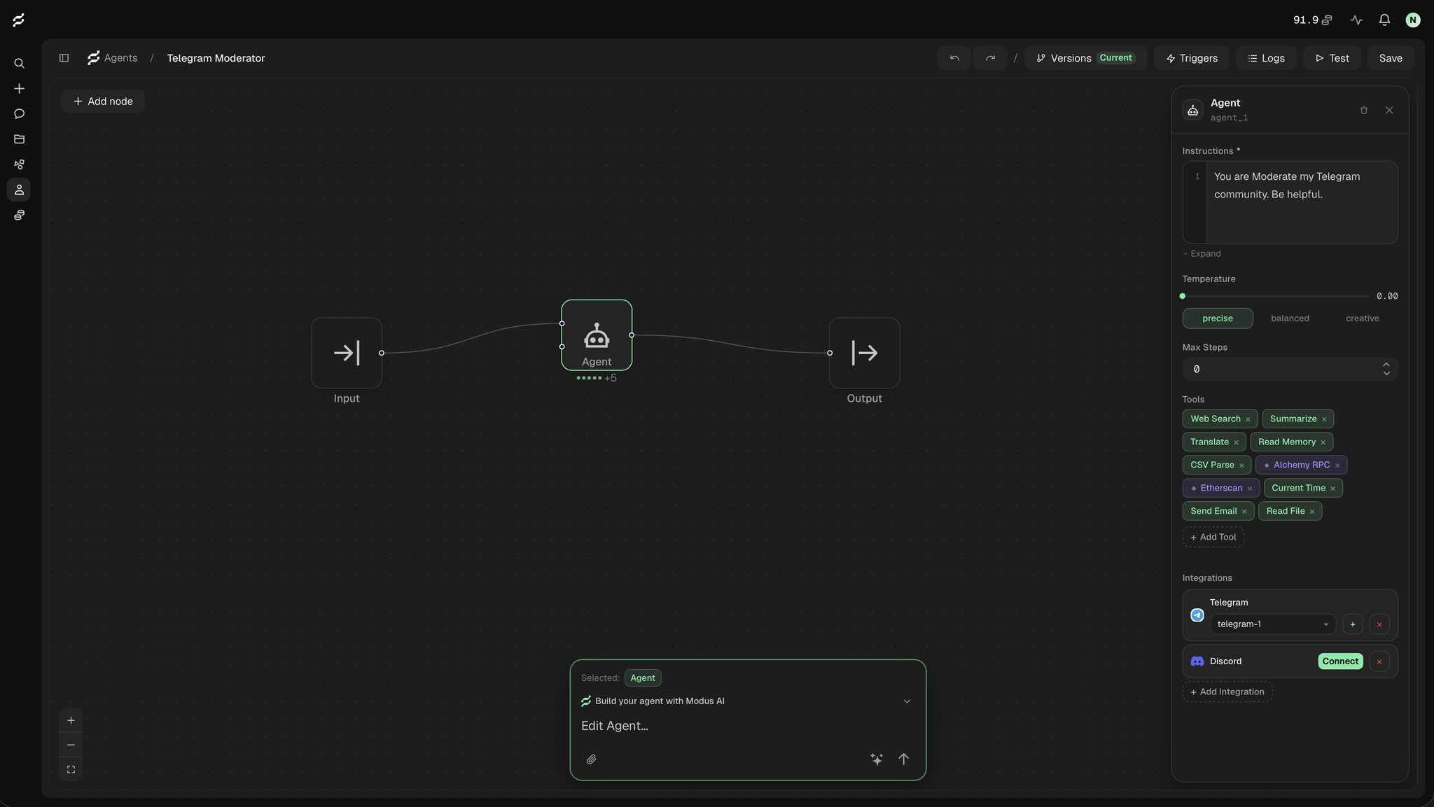 Um funcionário de IA no editor de agentes: um moderador de Telegram com as suas instruções, ferramentas e integrações com Telegram e Discord.